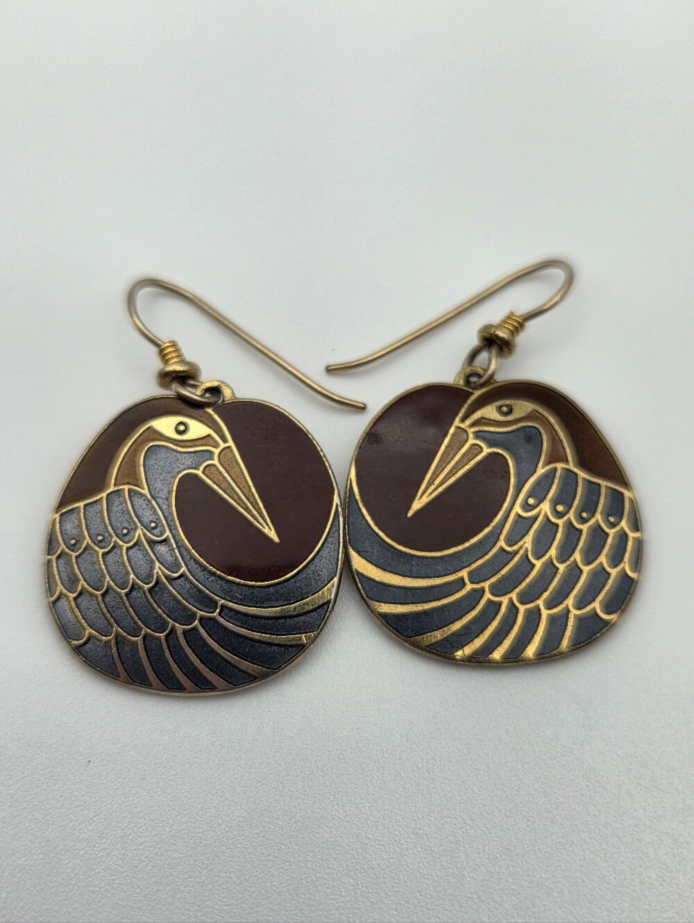 Vintage Laurel Burch Crane Cloisonné Enamel Dangle Earrings | Signed | Gold Tone